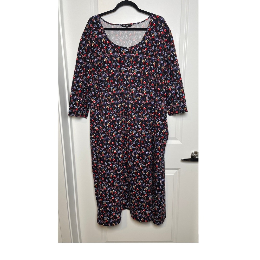 Ulla Popken Floral Midi Dress Women Black Red Blue Empire Waist Plus Sz 36/38 4X - Picture 2 of 8